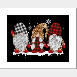 Three Gnomes In Leopard Printed Buffalo Plaid Christmas Gift Shirt Posters and Art